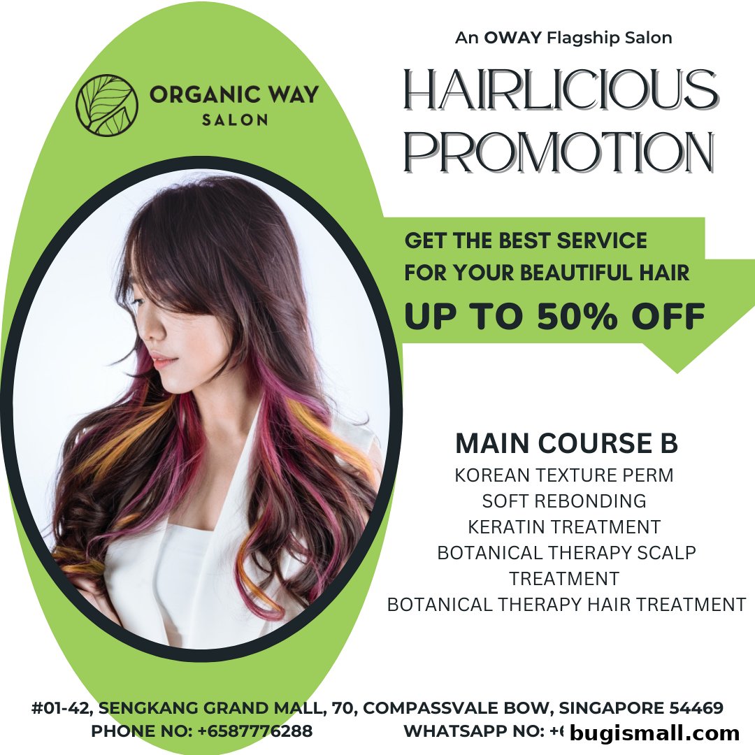 A promotional image for Organic Way Salon featuring a model with colorful hair and a discount offer.
