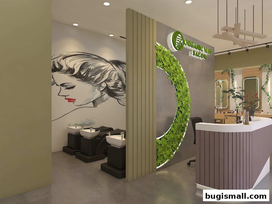 Interior view of Organic Way Salon with a reception desk, hair washing stations, and artistic wall decor.