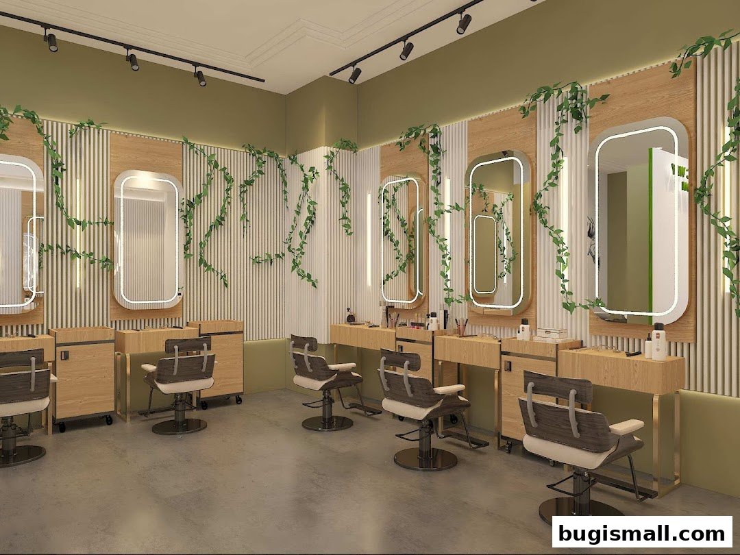 Interior of a modern salon with styling chairs, mirrors, and decorative plants.
