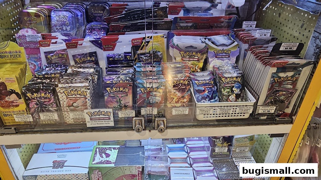 A display case filled with various Pokemon and One Piece trading card packs and boxes.