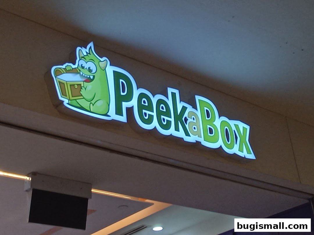 The Peek A Box shop sign features a playful green monster holding a treasure chest.