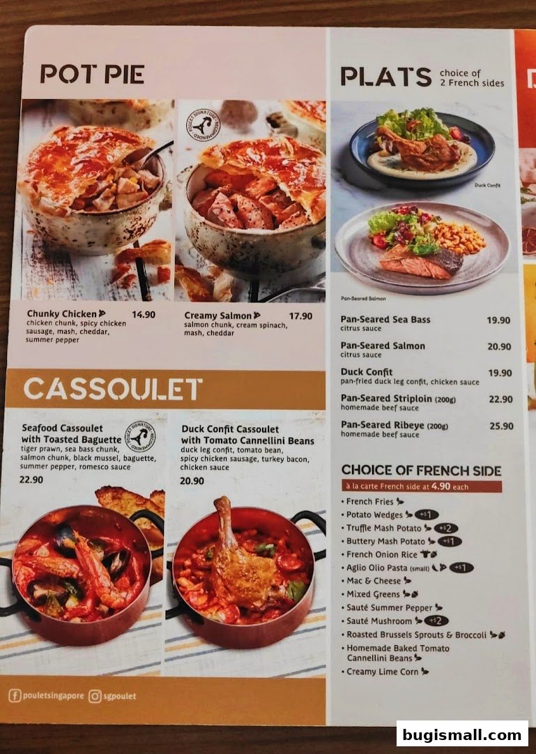 A menu featuring Pot Pies, Plats, and Cassoulets with accompanying images and prices.