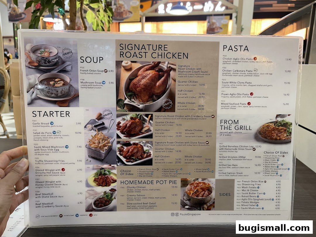A menu from Poulet featuring signature roast chicken, soups, pasta, and grilled items.