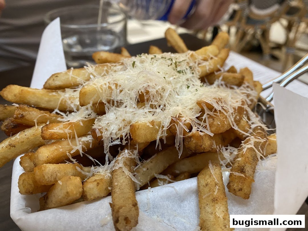 A basket of crispy french fries topped with grated cheese and herbs.