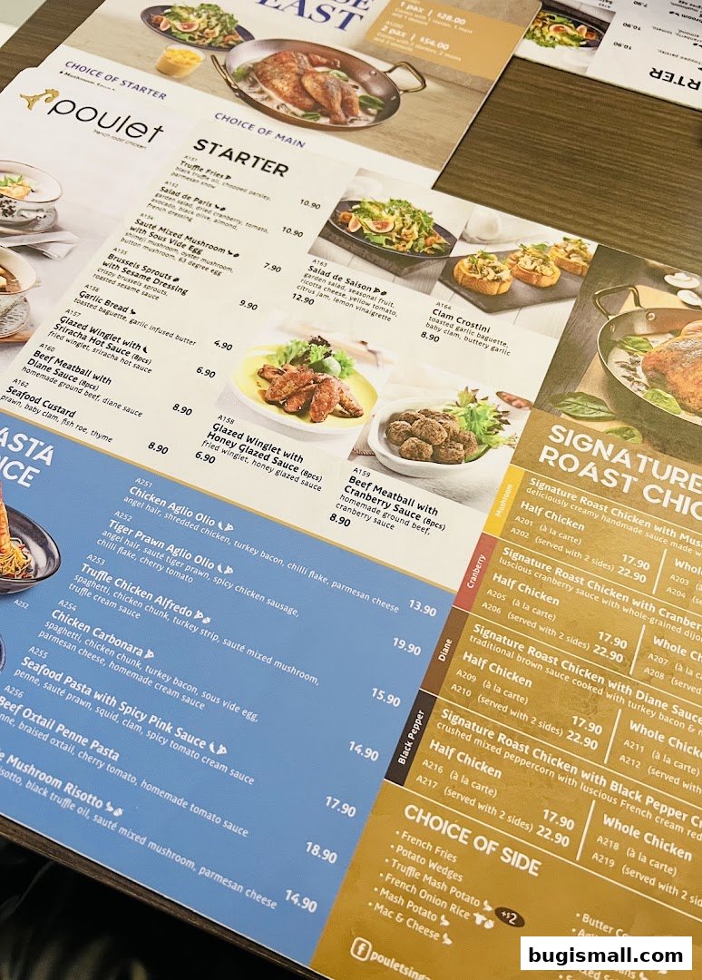 A menu from Poulet featuring roast chicken dishes, starters, and pasta options.