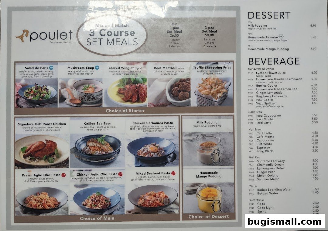 A menu from Poulet featuring 3-course set meals, starters, mains, desserts, and beverages.