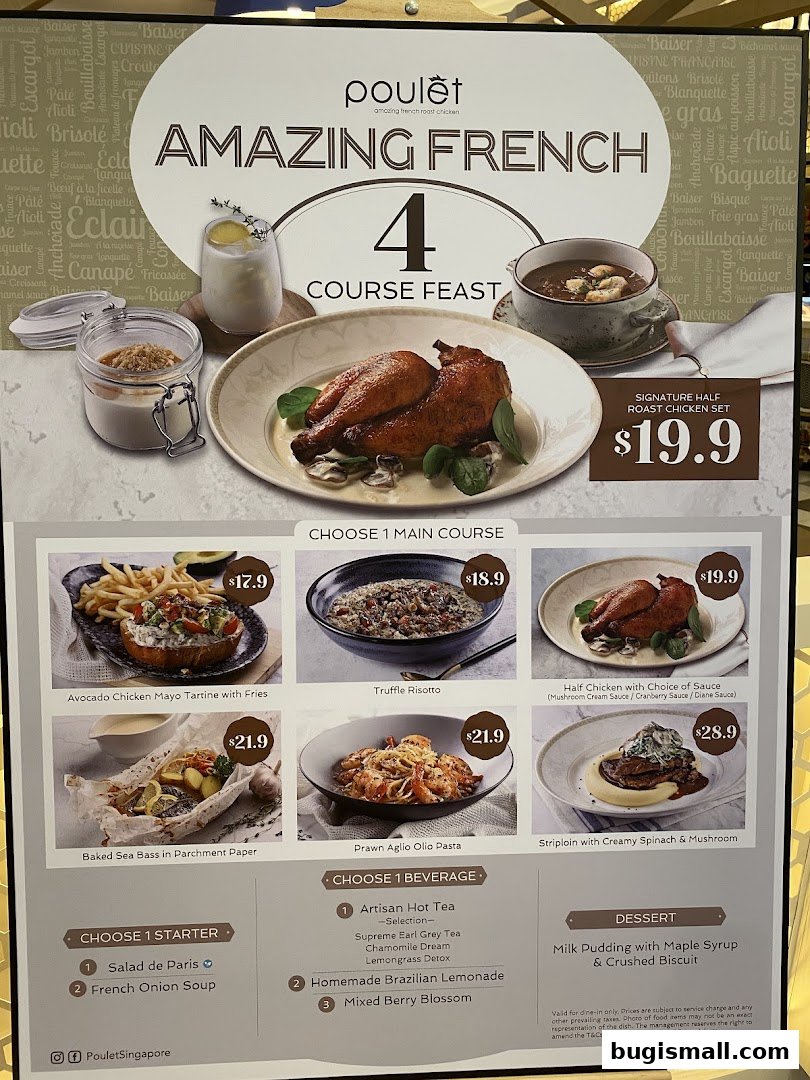 A menu for Poulet's 4-course French feast featuring various main courses, starters, beverages, and dessert.