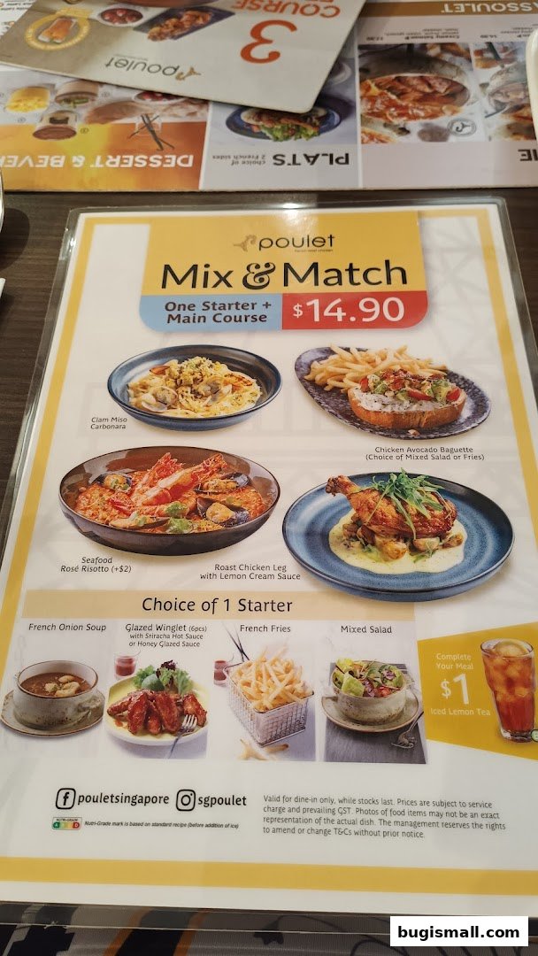 A menu from Poulet featuring a 'Mix & Match' deal with starters and main courses.