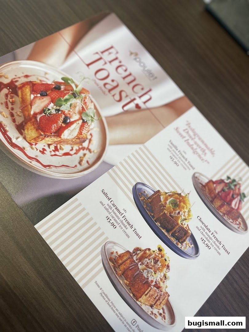 A menu showcasing various French toast dishes with attractive descriptions and prices.