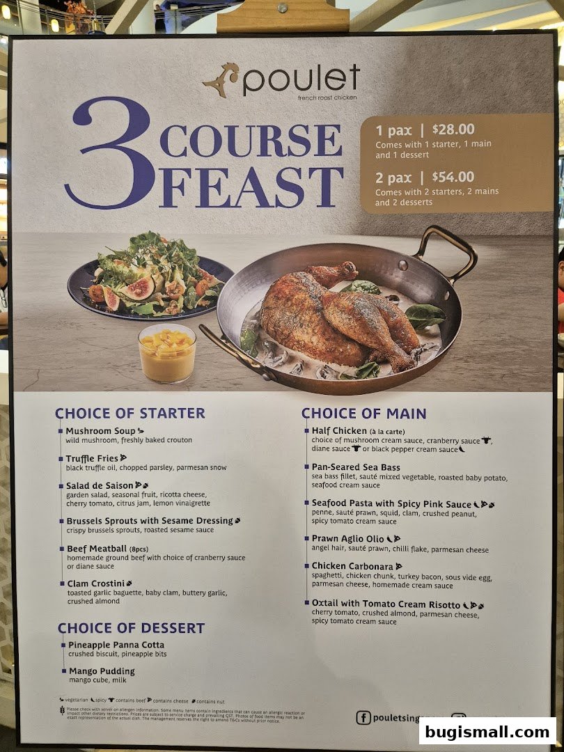 A menu board for Poulet featuring a 3-course feast with various starter, main, and dessert options.