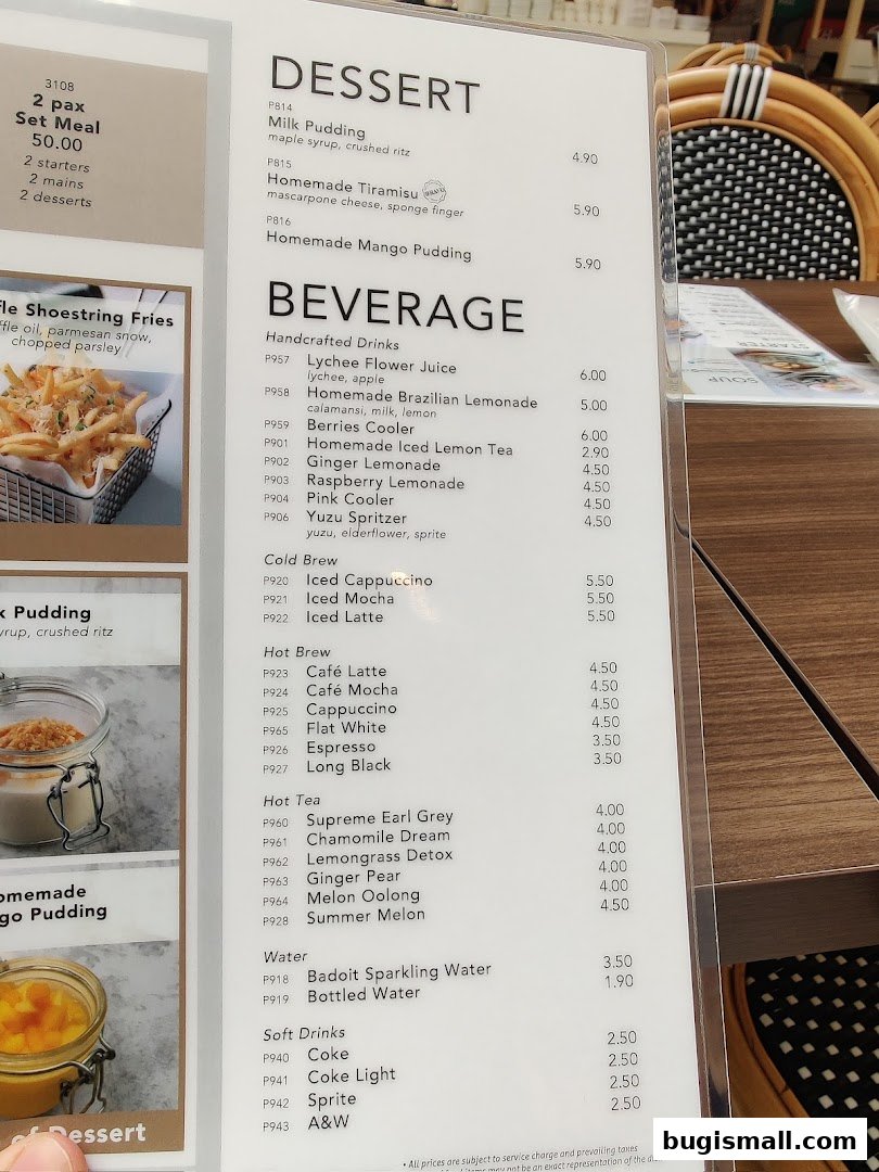 A menu featuring desserts and beverages with prices and descriptions.