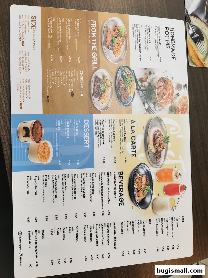 A menu from Poulet featuring main courses, desserts, and beverages with prices.