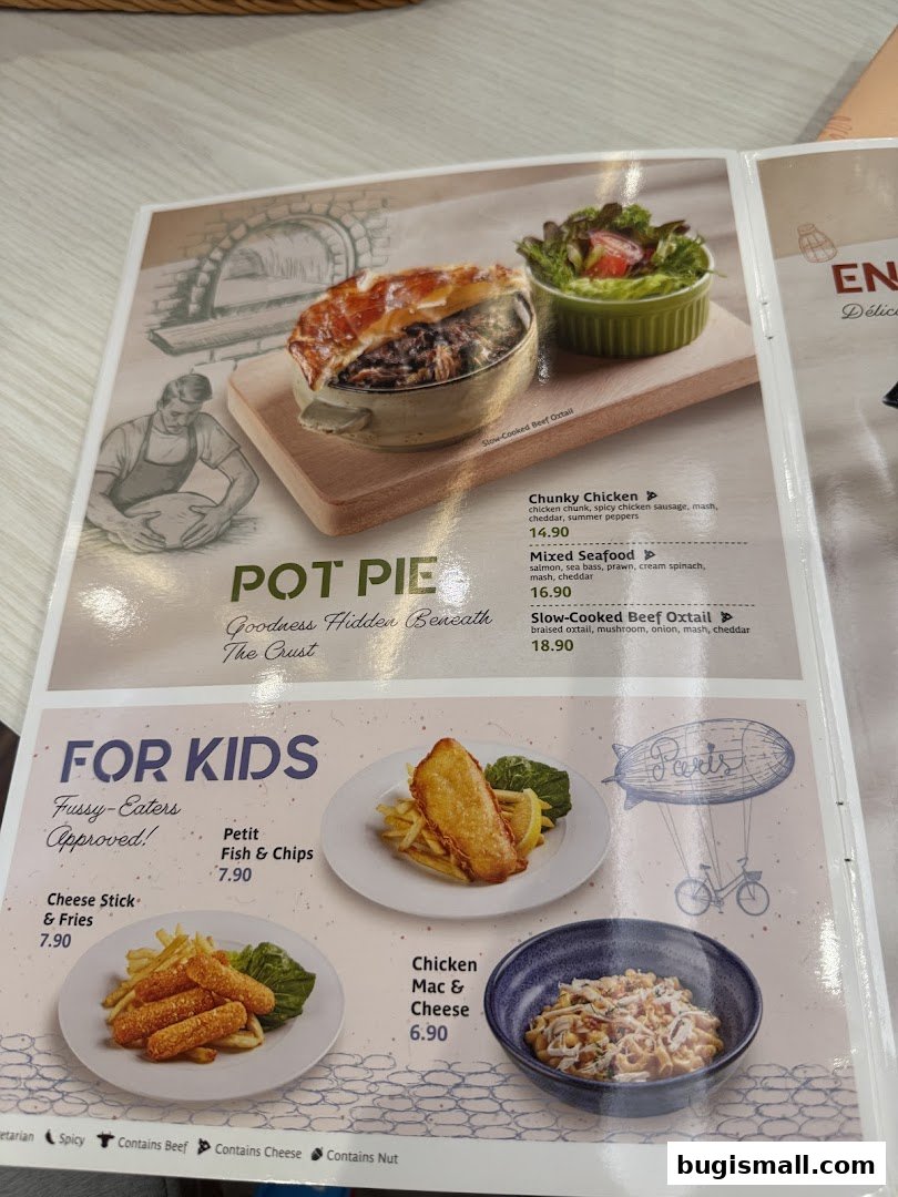 A menu page showcasing pot pies and kids' meals with appealing food photography.