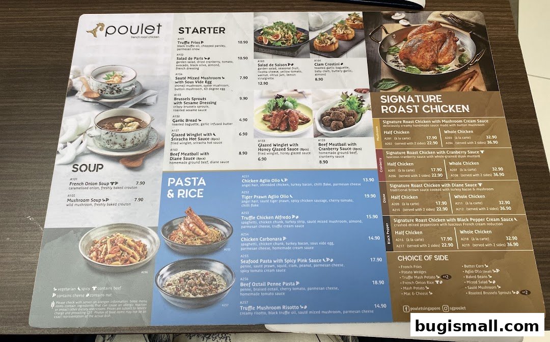 A menu from Poulet featuring roast chicken, pasta, rice, and soup dishes.