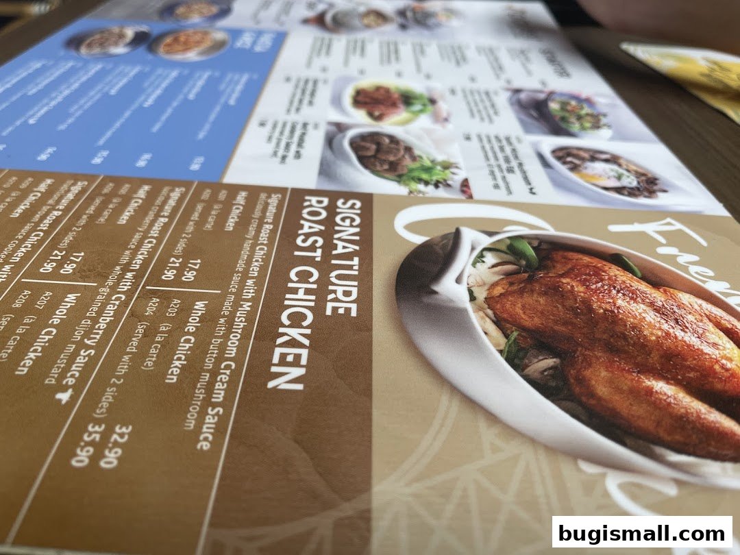 A menu featuring signature roast chicken dishes with various sauces and side options.