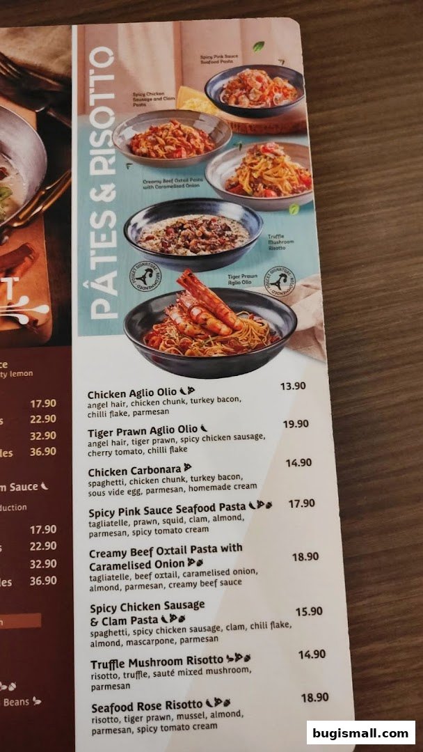 A menu featuring pasta and risotto dishes with enticing descriptions and prices.