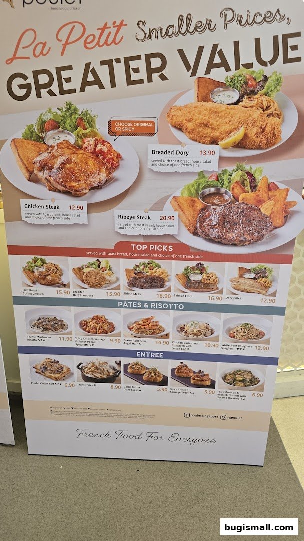 A menu board showcasing various French-inspired dishes with prices and appealing food photography.