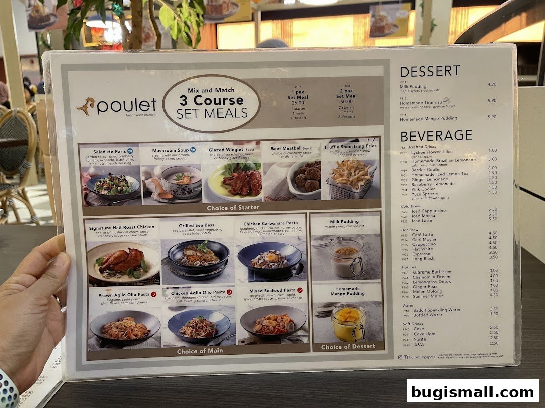 A menu from Poulet featuring French roast chicken, set meals, desserts, and beverages.
