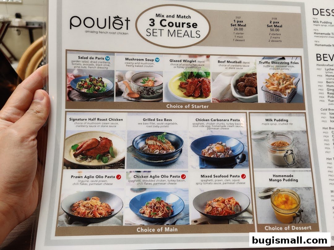 A menu for Poulet featuring 3-course set meals with various starter, main, and dessert options.