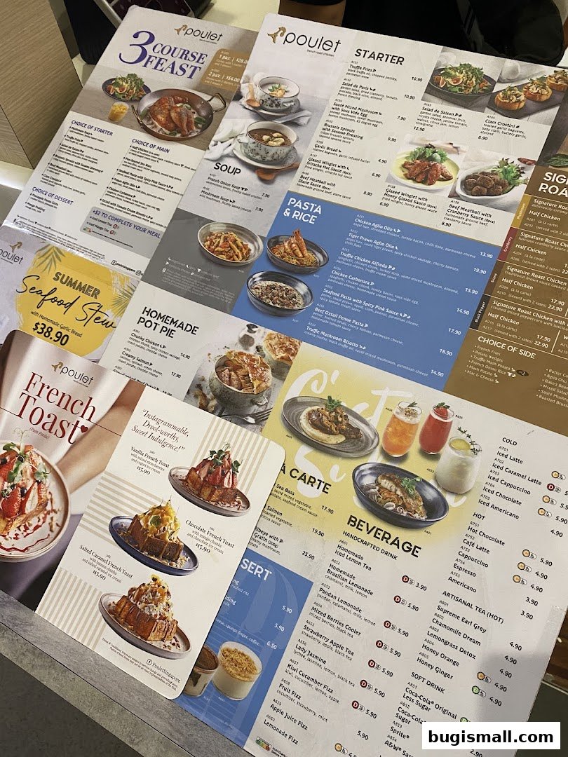 A spread of menus from Poulet featuring various dishes and drinks.