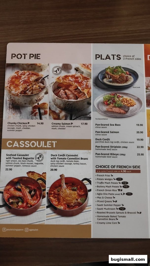 A menu from Poulet featuring Pot Pies, Plats, and Cassoulets with various side options.