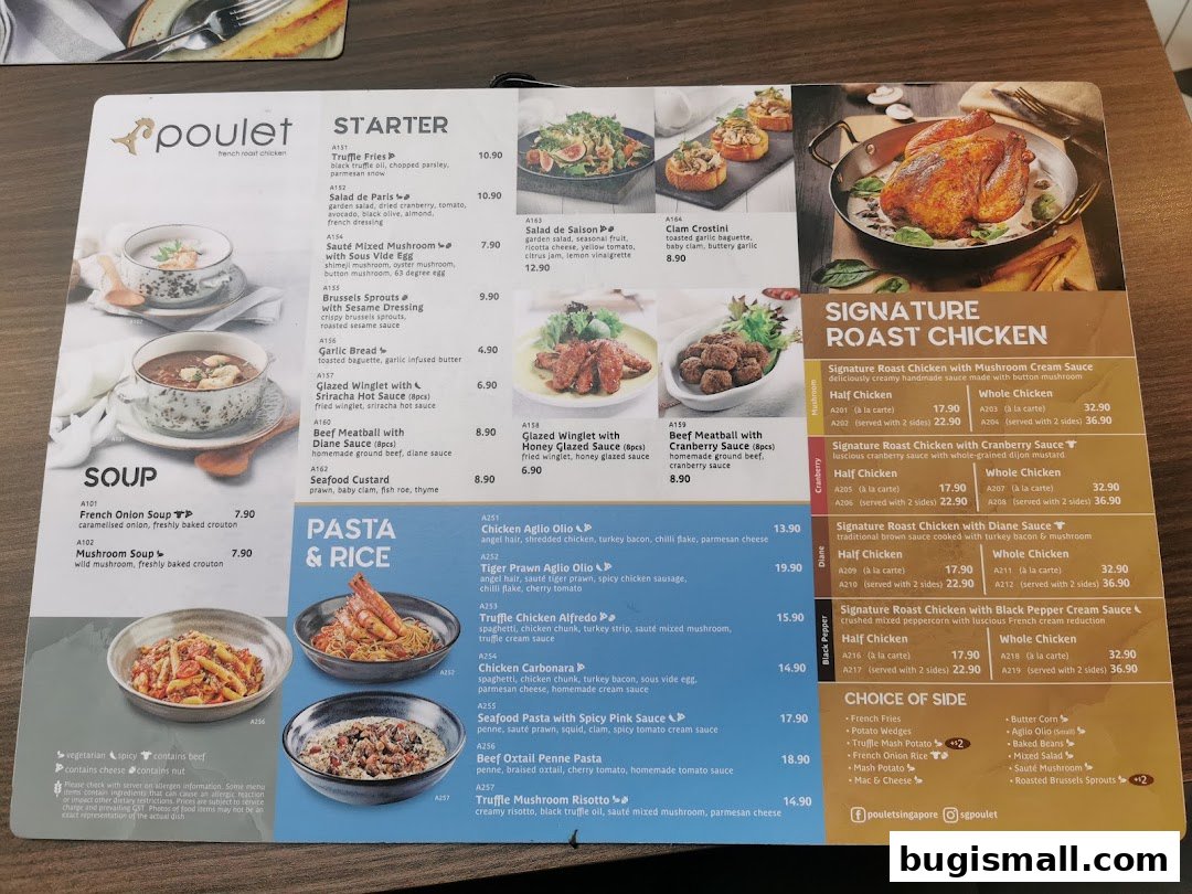 A menu from Poulet featuring starters, soups, pasta, rice, and signature roast chicken dishes.