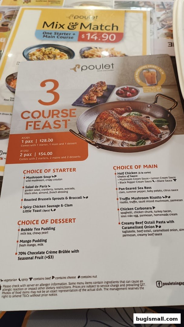 A menu from Poulet featuring a 3-course feast and mix-and-match options.