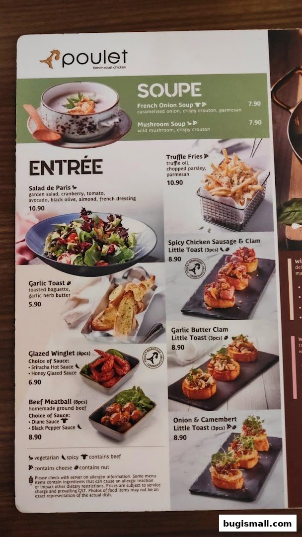 A menu from Poulet featuring soups, entrees, and appetizers like garlic toast and little toasts.