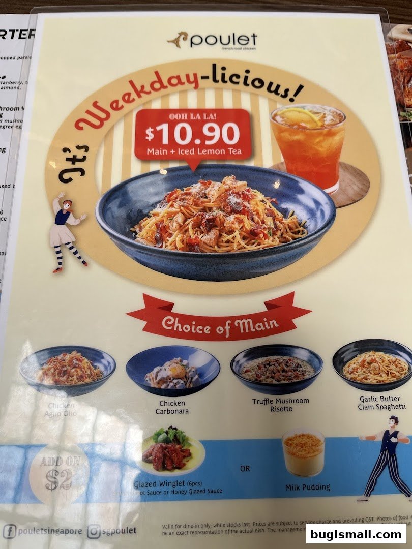 A menu featuring a $10.90 deal for a main dish and iced lemon tea, with several main course options.