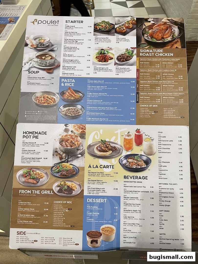 A menu from Poulet featuring roast chicken, pasta, soup, and desserts.