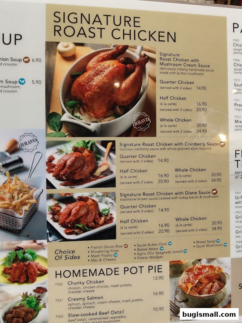 A menu featuring signature roast chicken dishes and homemade pot pies with various sides.