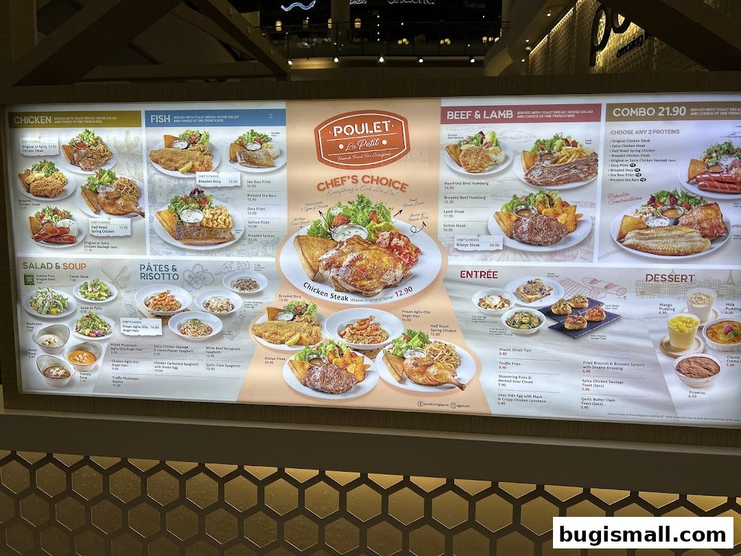 A brightly lit menu board showcasing various chicken, fish, beef, lamb, and dessert dishes with prices.