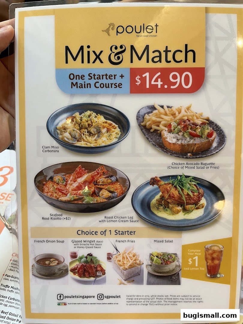 A menu from Poulet featuring a 'Mix & Match' offer with starters and main courses.