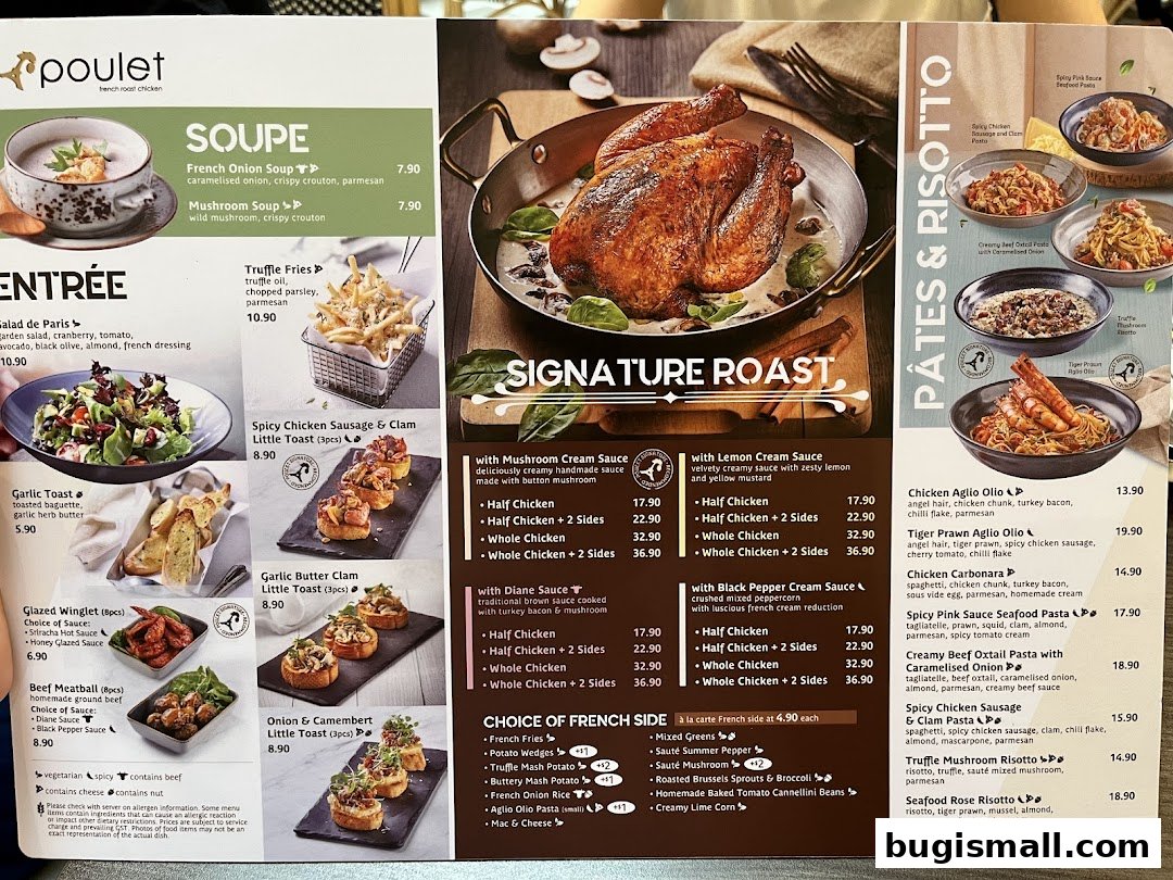 A menu from Poulet featuring French roast chicken, soups, entrees, pastas, and risottos.