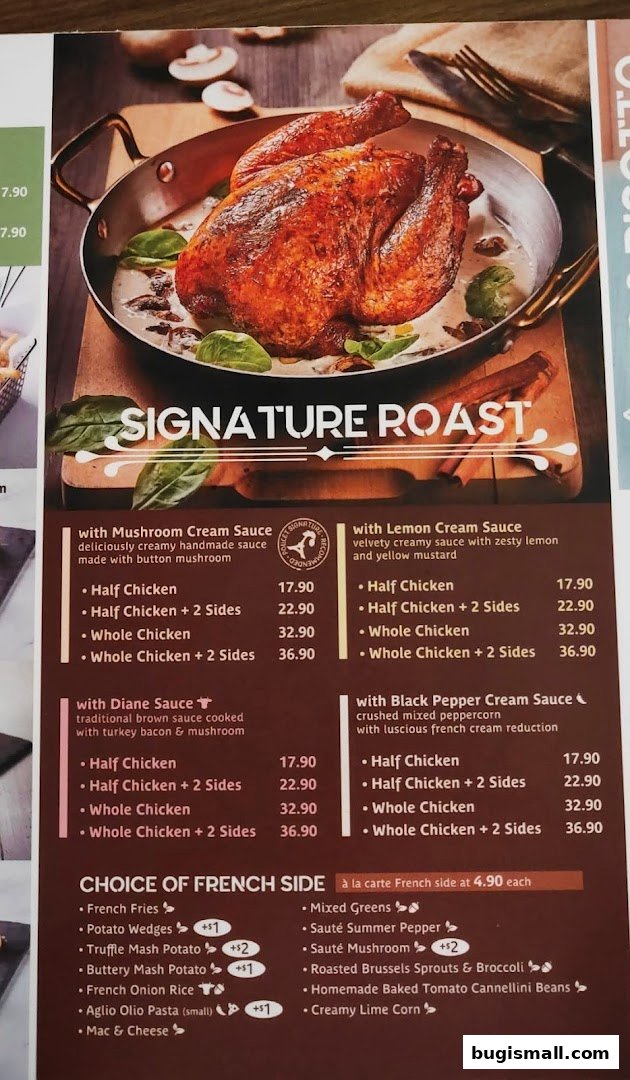 A menu featuring signature roast chicken with various sauces and side dish options.