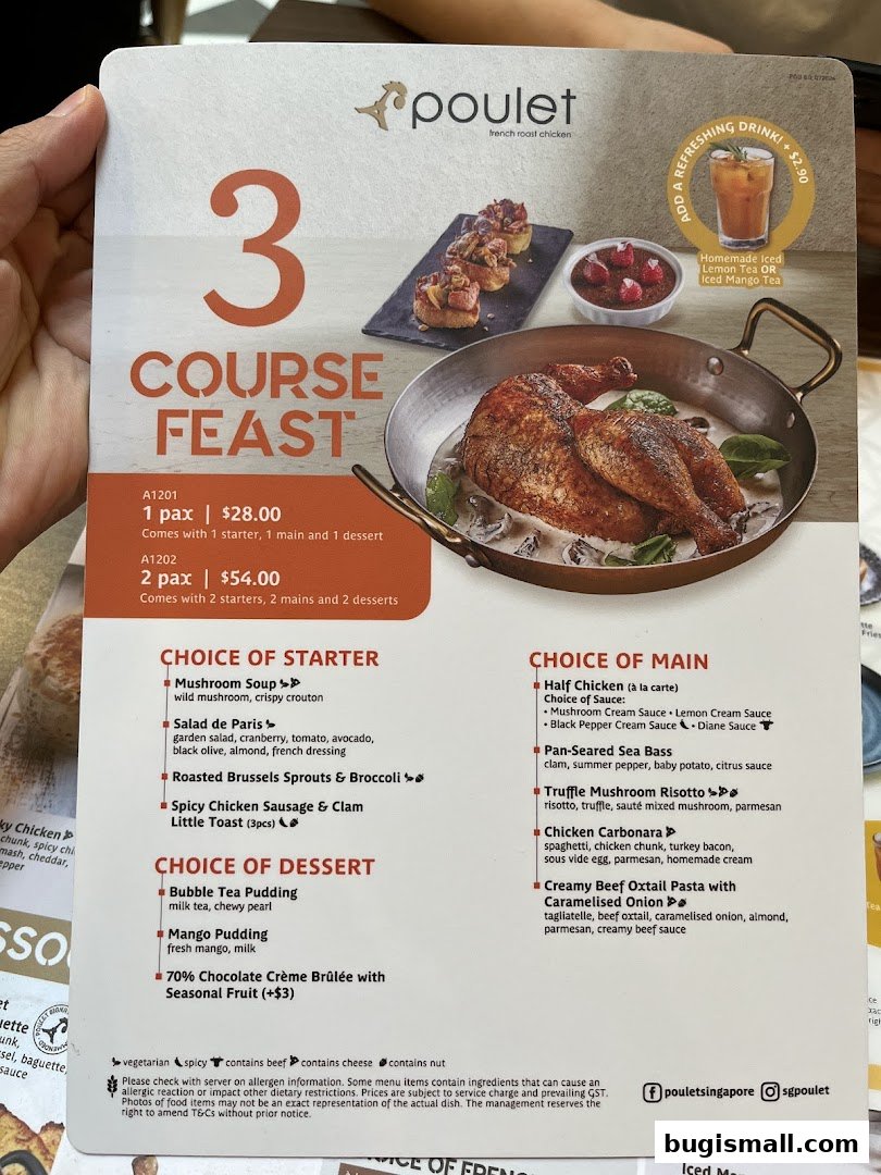 A menu for Poulet featuring a 3-course feast with choices of starters, mains, and desserts.