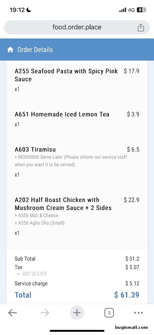 A screenshot of an online order details page showing food items and their prices.