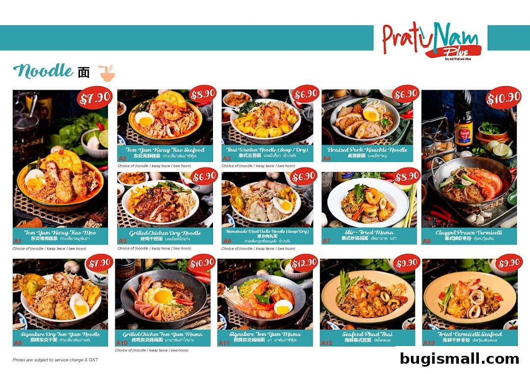 A menu showcasing various Thai noodle dishes with appetizing photos and prices.