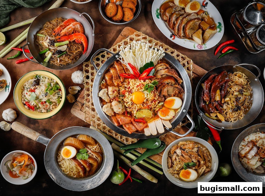 A spread of delicious Thai noodle dishes and roasted meats, artfully arranged.