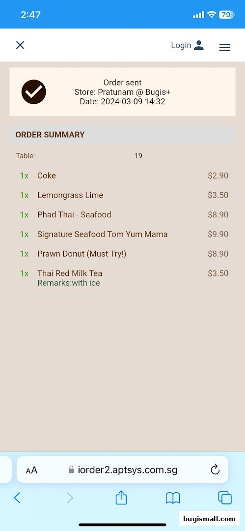 An order summary from Pratunam PLUS by Soi Thai Soi Nice showing food and drink items with prices.