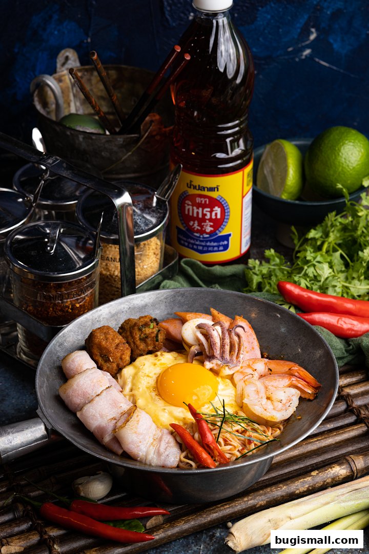 A close-up of a delicious Thai noodle dish with seafood, egg, bacon, and chili.