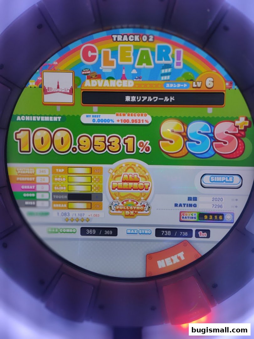 A screenshot of a rhythm game showing a perfect score and achievement.