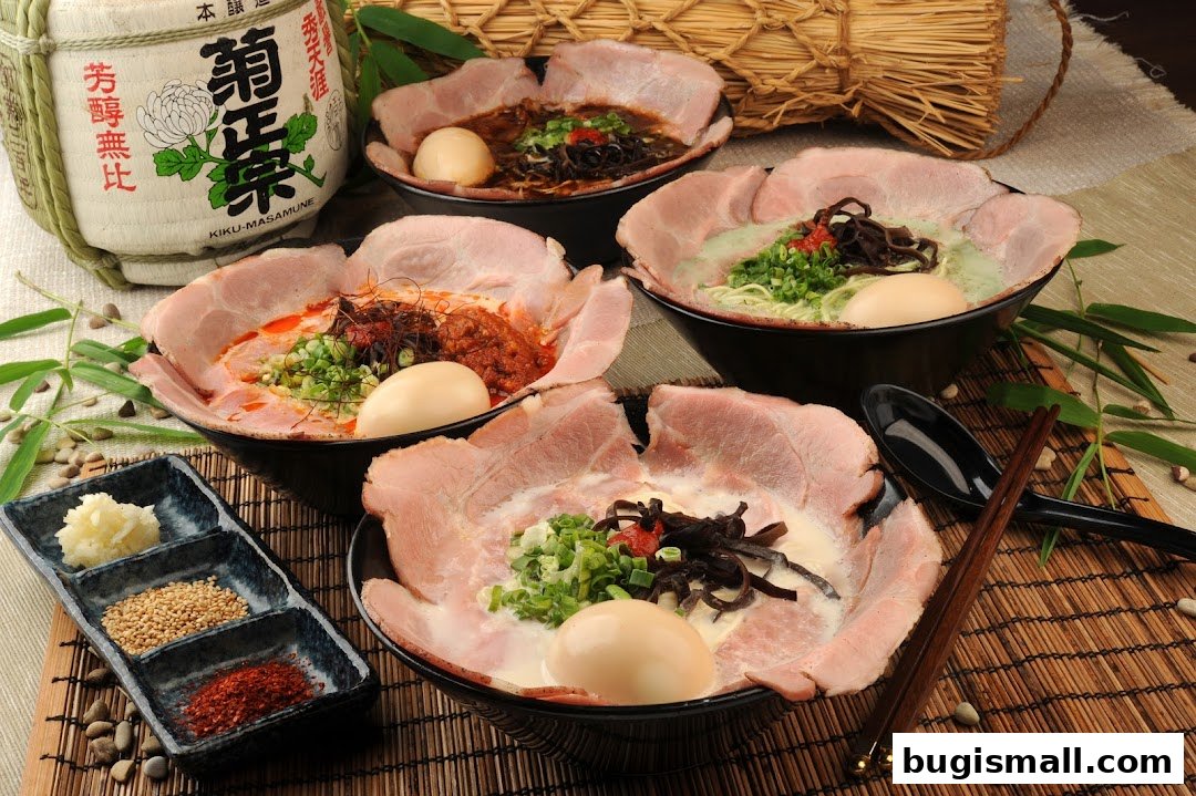 Four bowls of ramen with generous slices of pork belly, eggs, and toppings, served with condiments.