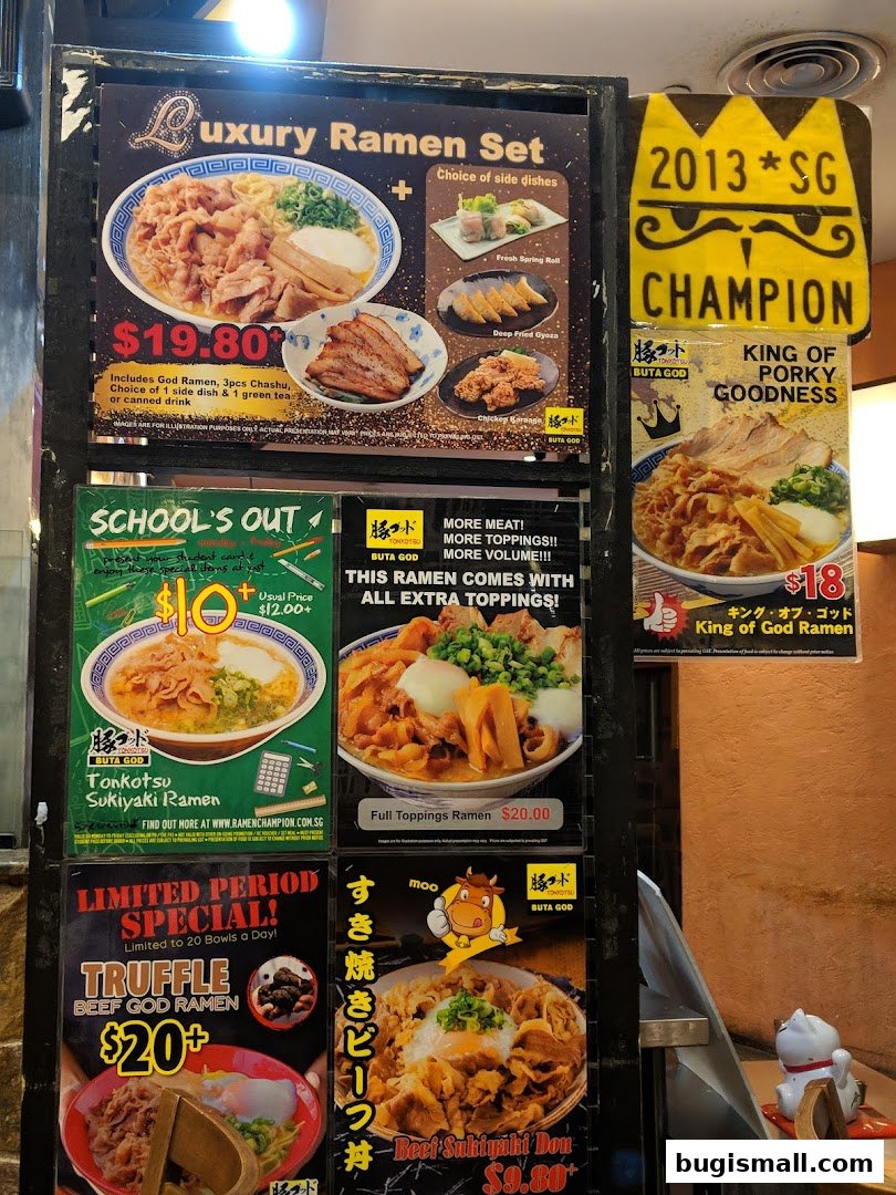 A display of various ramen and donburi dishes offered at Ramen Champion.