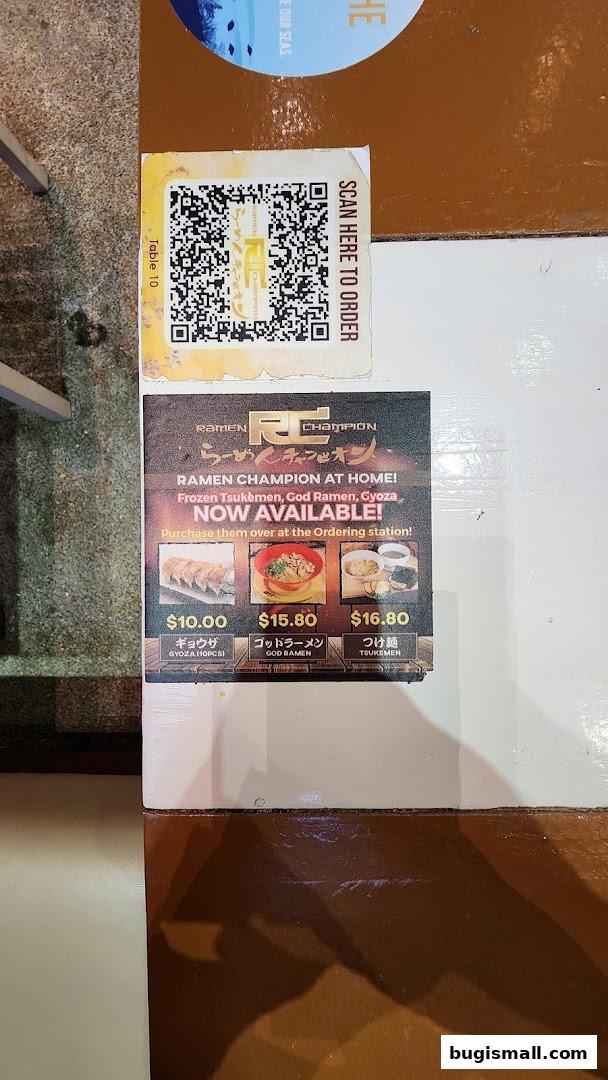 A flyer for Ramen Champion advertising frozen ramen, gyoza, and tsukemen for home.