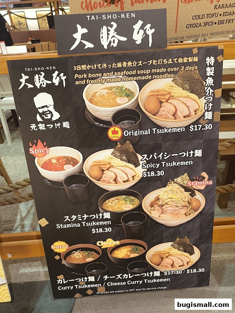 A menu board for Ramen Champion featuring various tsukemen noodle dishes with prices.