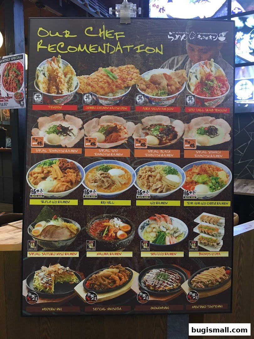A menu board showcasing various ramen dishes and other Japanese specialties from Ramen Champion.