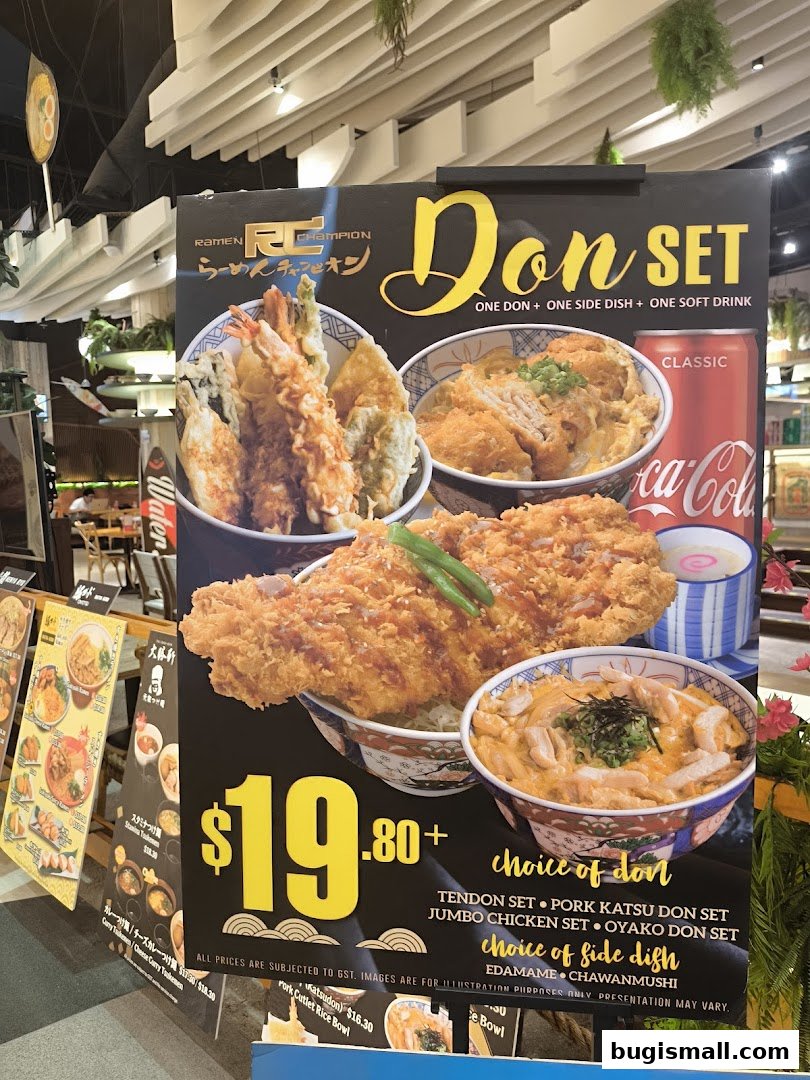 A promotional poster for Ramen Champion's Don Set, featuring various donburi dishes and a drink.
