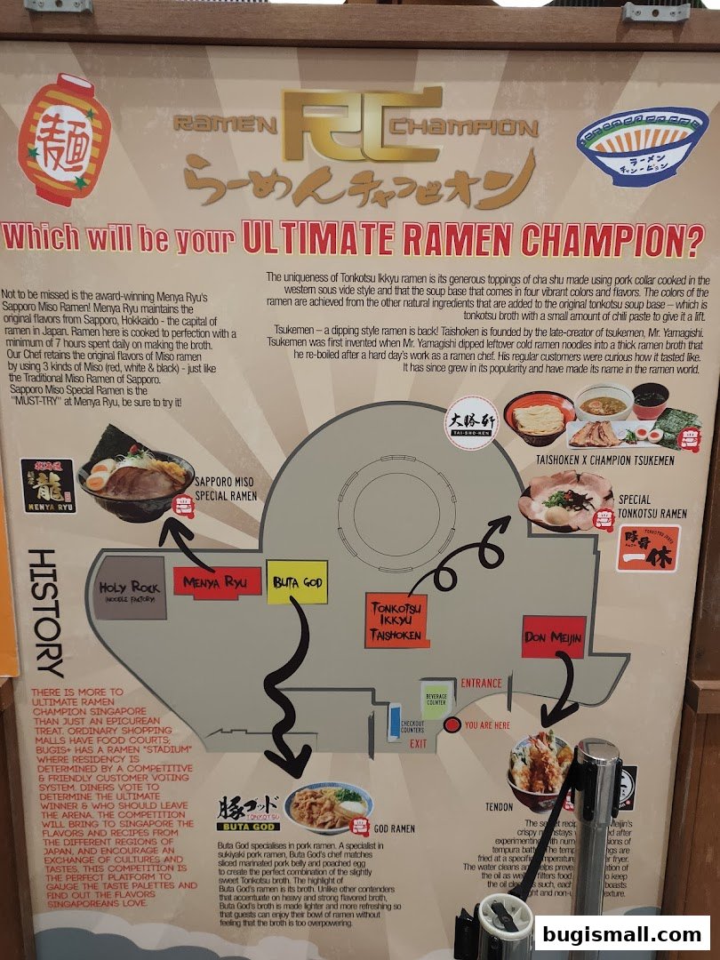 A map and information board detailing different ramen types and their origins at Ramen Champion.