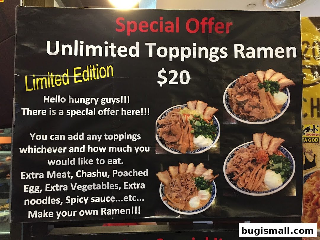 A promotional poster for Ramen Champion's Unlimited Toppings Ramen special offer.